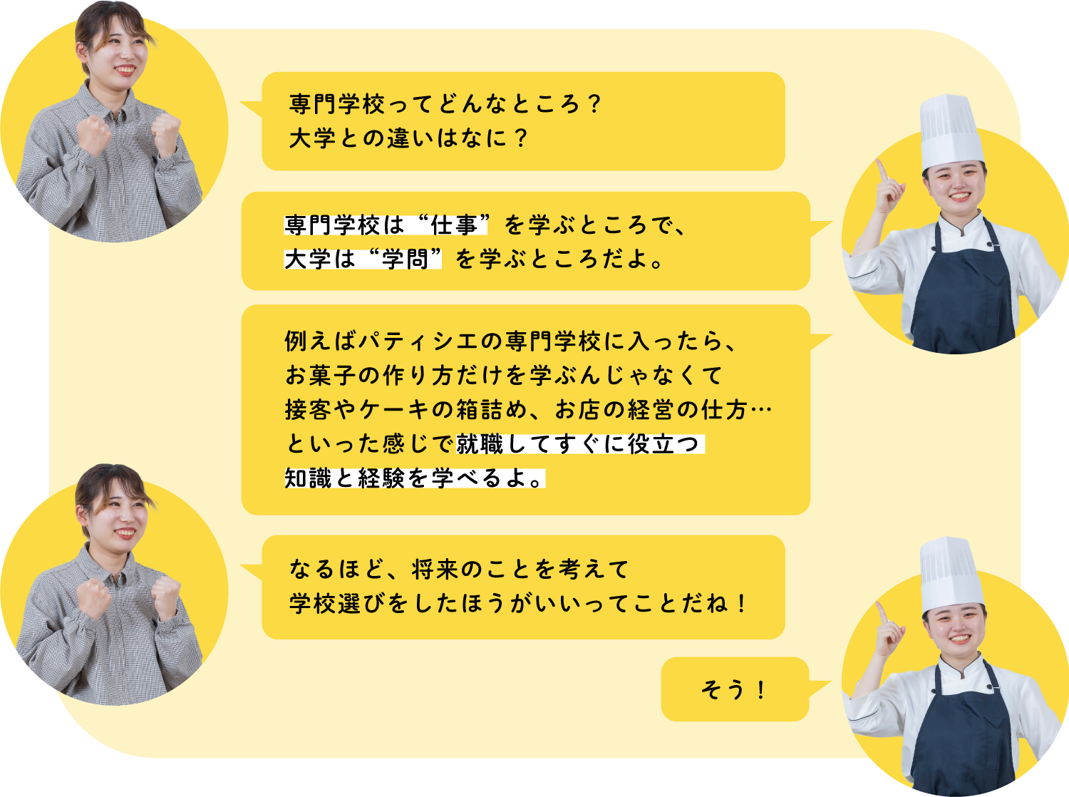 専門学校は実際のお仕事について学べるところだよ！